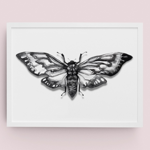 Other - Watercolor Moth Wall Art Black And White Print Poster Unframed